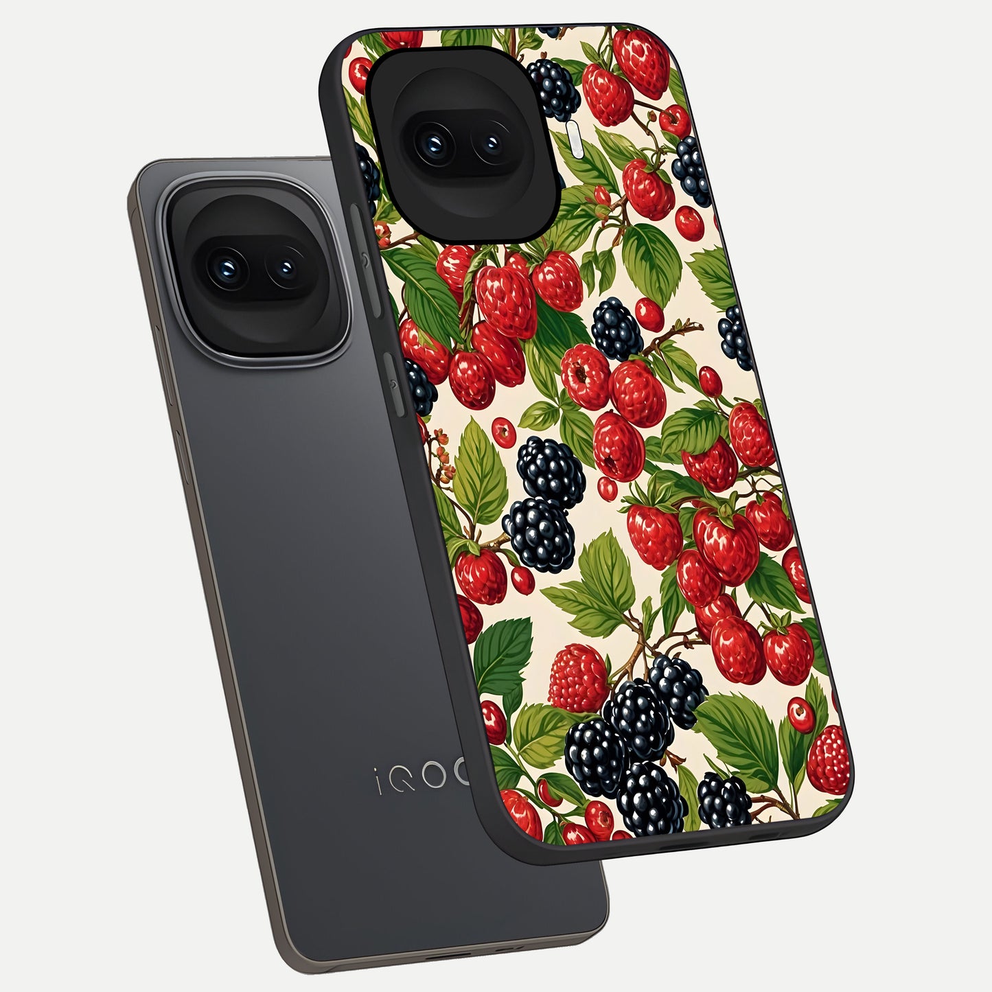  Mixed Berry Collage phone case for iQOO 15R showing premium glass back cover with detailed artwork
