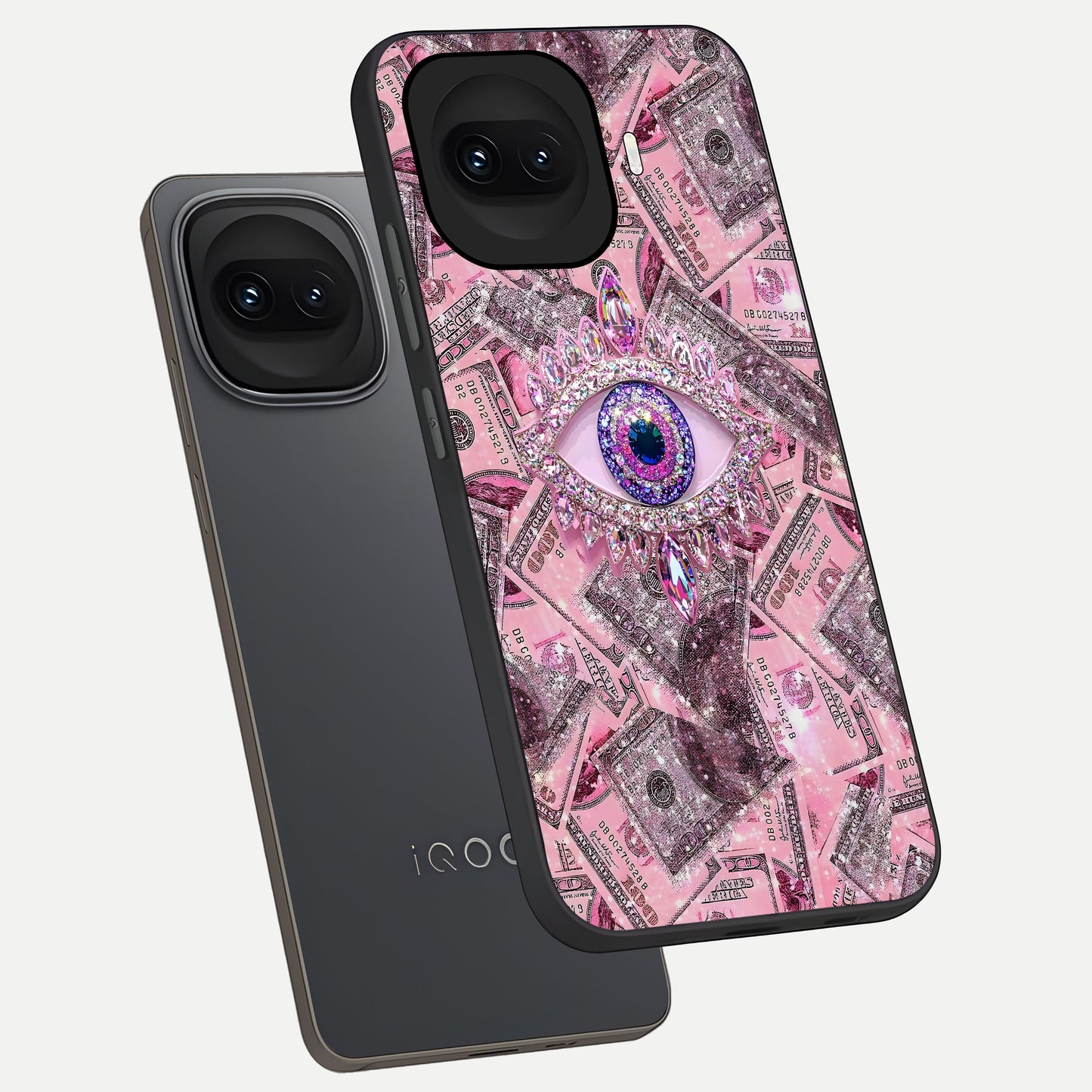  Money Eye Luxe phone case for iQOO 15R showing premium glass back cover with detailed artwork