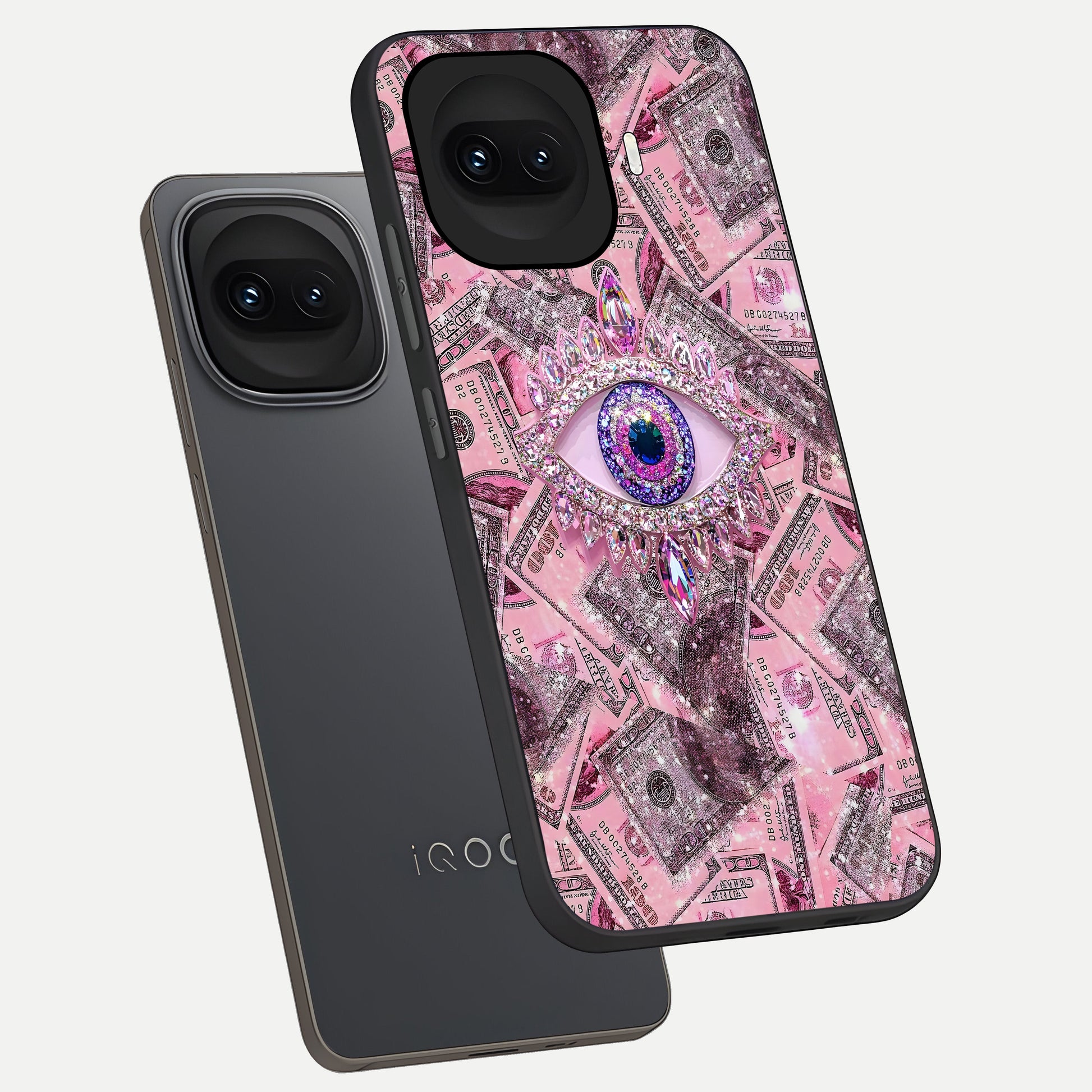 Money Eye Luxe phone case for iQOO 15R showing premium glass back cover with detailed artwork