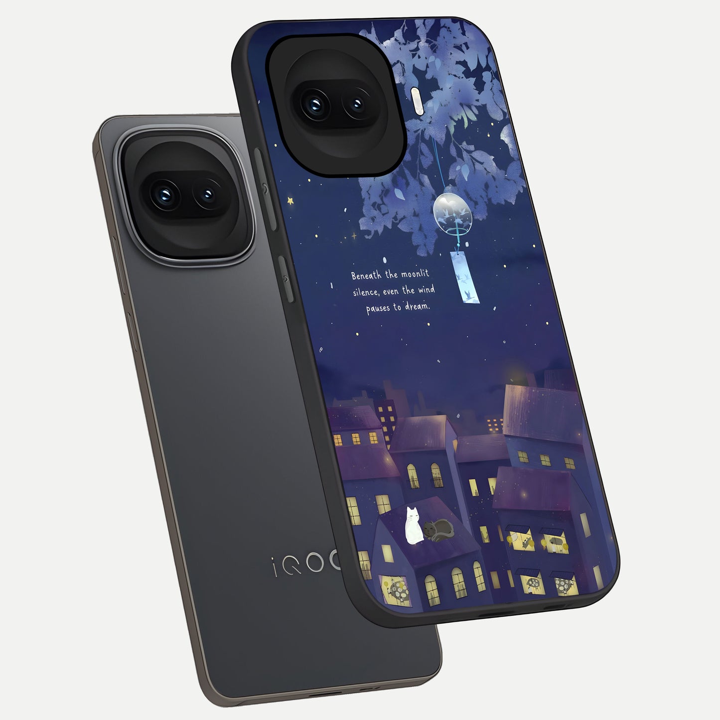  Moonlit Cat Silence phone case for iQOO 15R showing premium glass back cover with detailed artwork