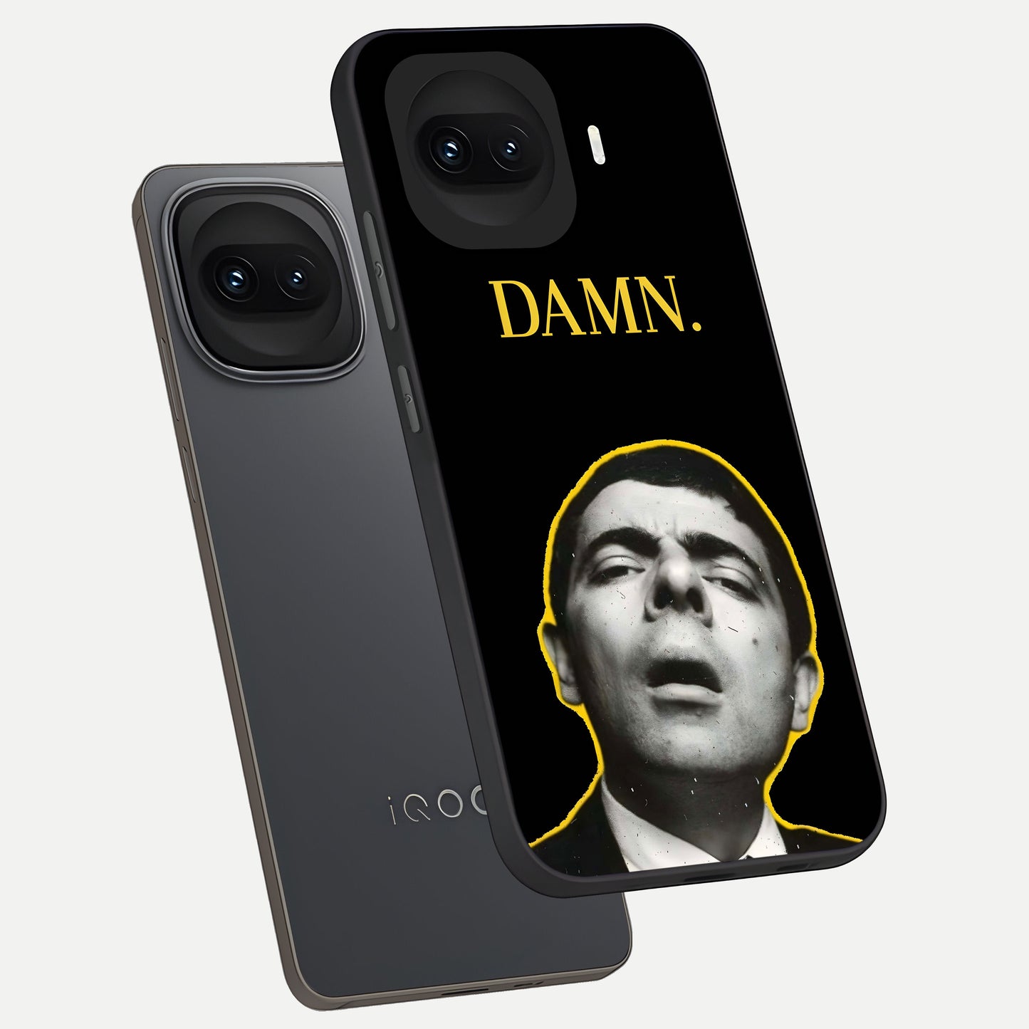  Mr Bean Damn phone case for iQOO 15R showing premium glass back cover with detailed artwork