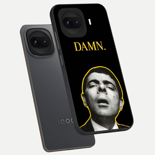  Mr Bean Damn phone case for iQOO 15R showing premium glass back cover with detailed artwork