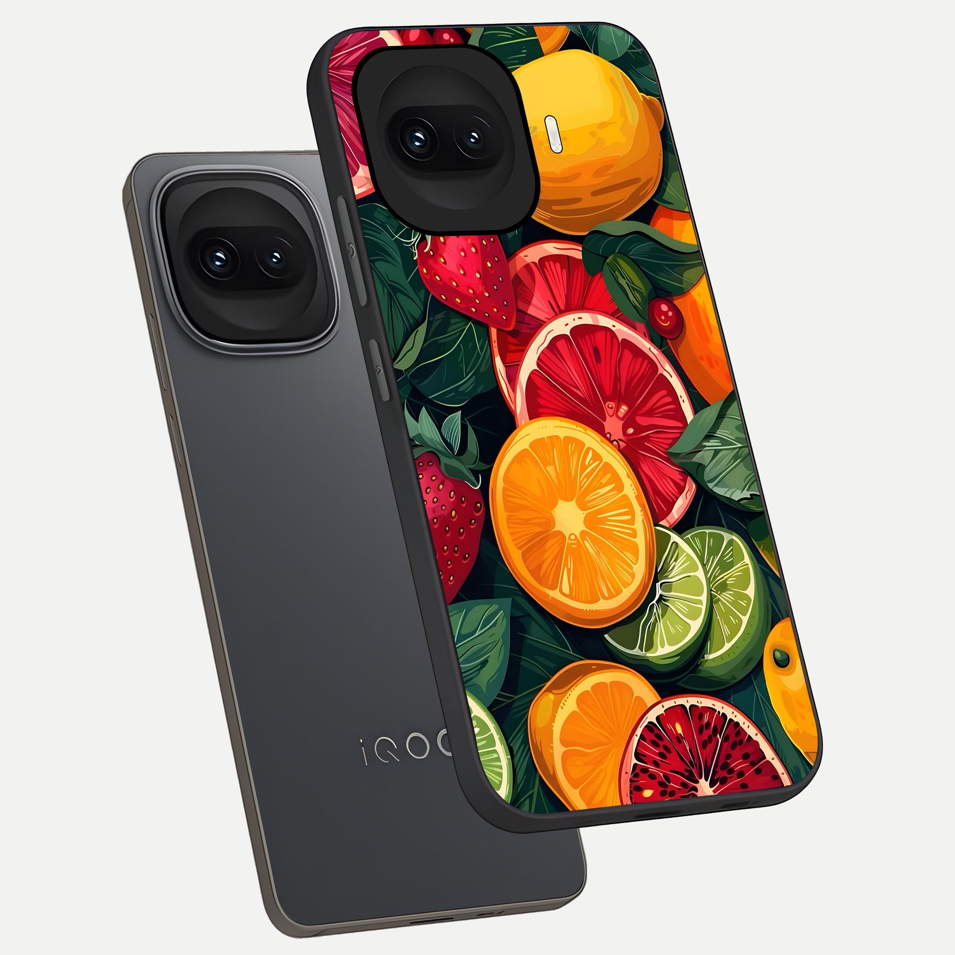  Multiple Fruits phone case for iQOO 15R showing premium glass back cover with detailed artwork