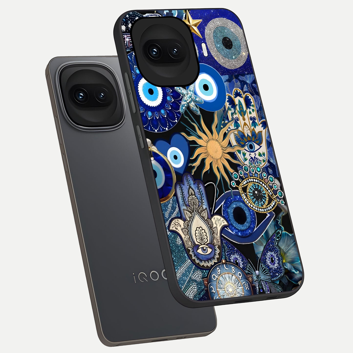  Mystic Blue Evil Eye phone case for iQOO 15R showing premium glass back cover with detailed artwork