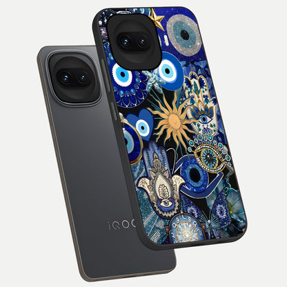  Mystic Blue Evil Eye phone case for iQOO 15R showing premium glass back cover with detailed artwork