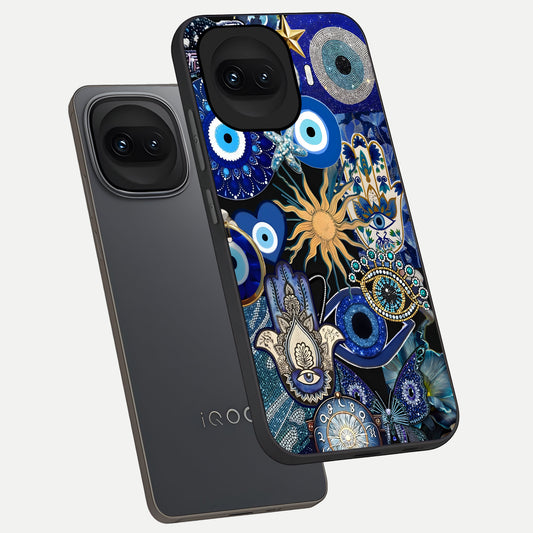  Mystic Blue Evil Eye phone case for iQOO 15R showing premium glass back cover with detailed artwork