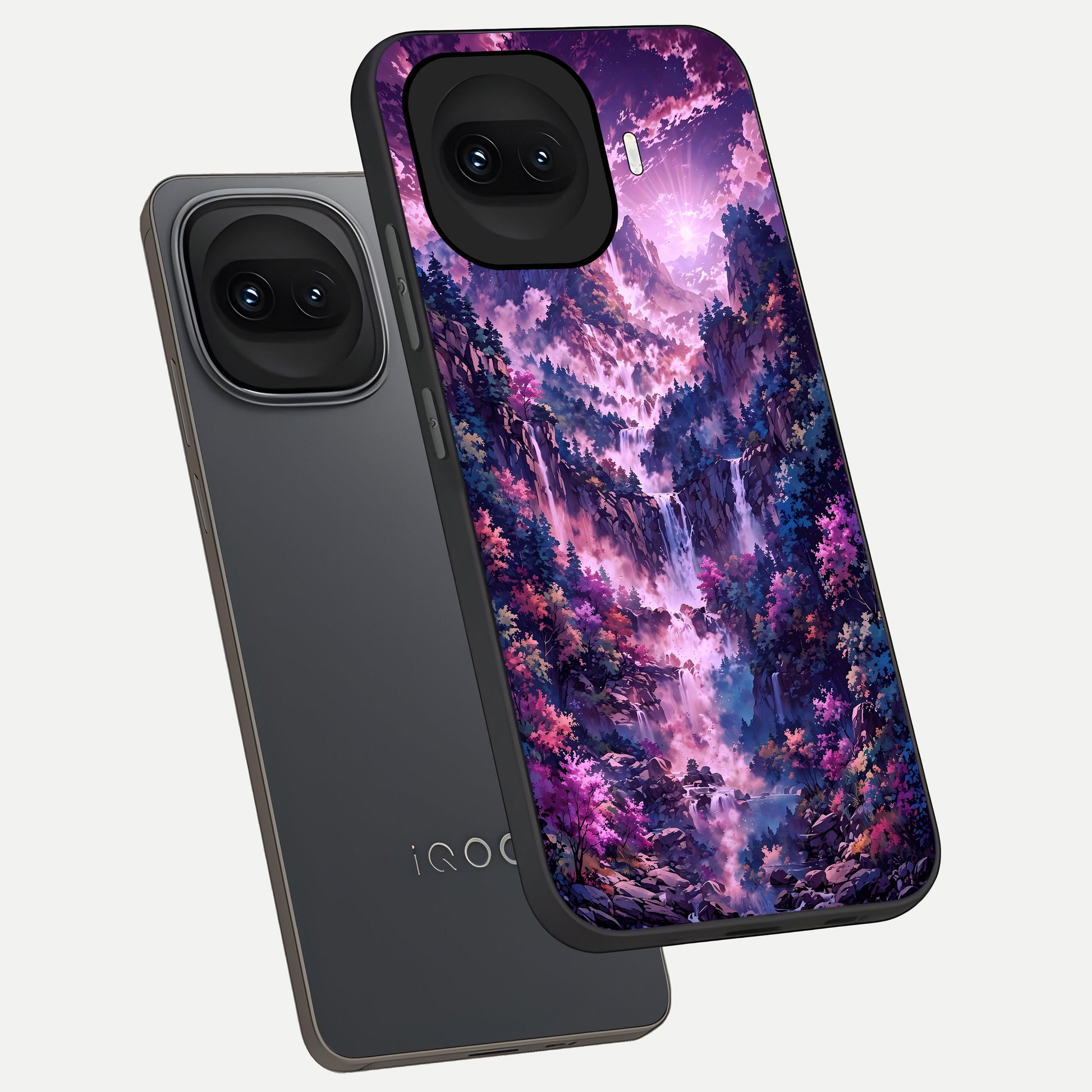  Mystic Cascade Peaks phone case for iQOO 15R showing premium glass back cover with detailed artwork
