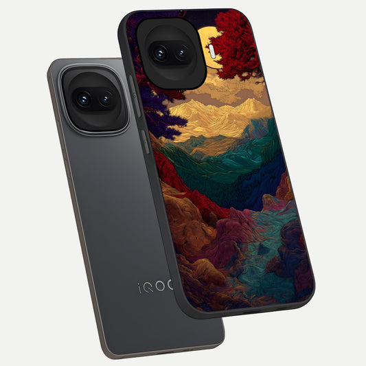  Mystic Valley Light phone case for iQOO 15R showing premium glass back cover with detailed artwork