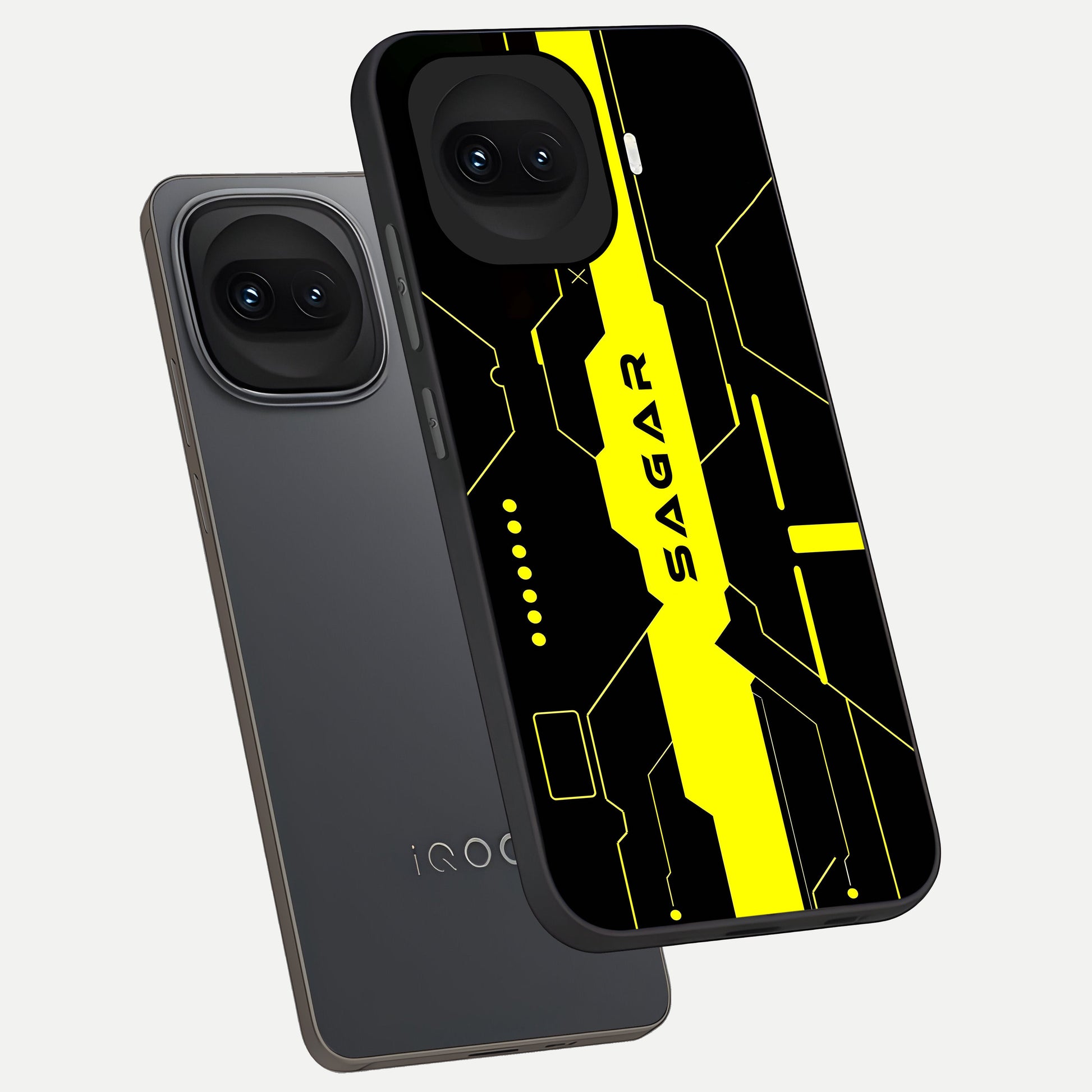  Neon CYBERPUNK Custom Name phone case for iQOO 15R showing premium glass back cover with detailed artwork
