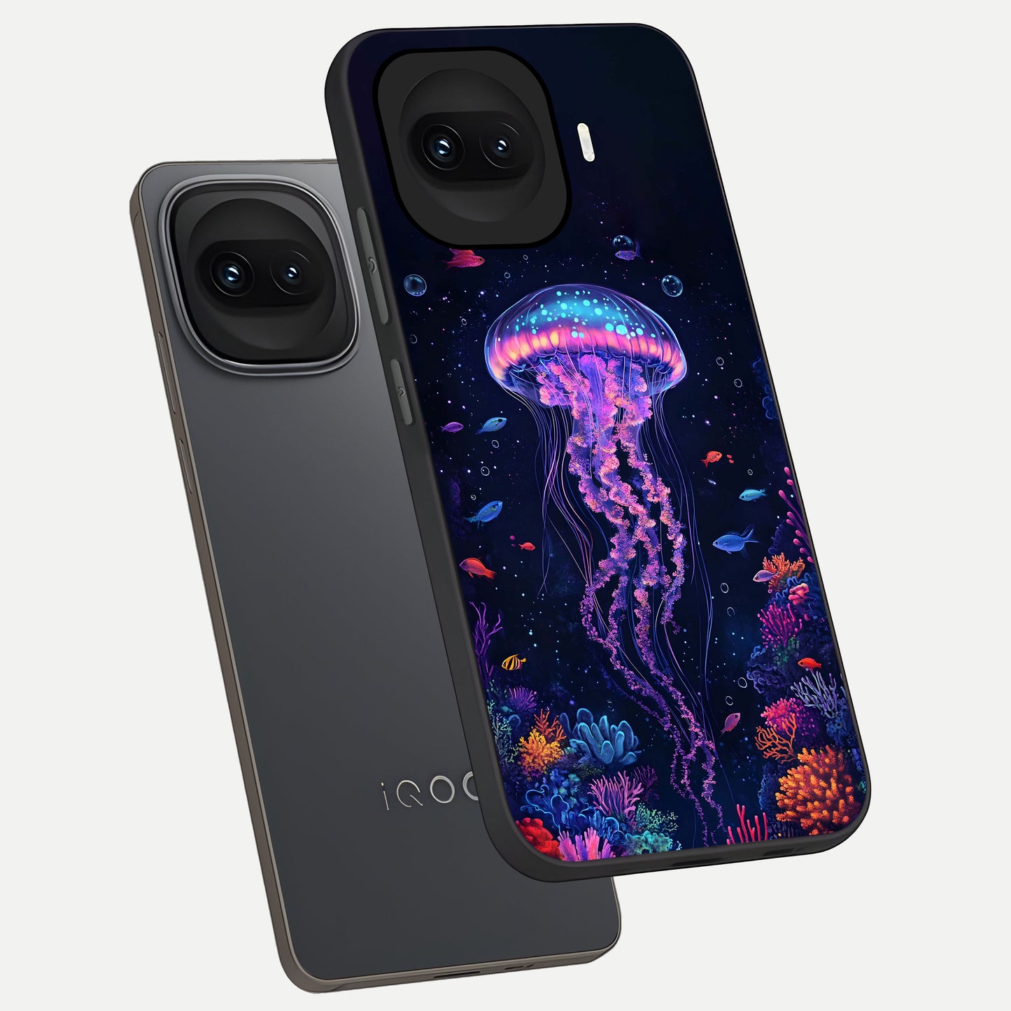  Neon Jellyfish phone case for iQOO 15R showing premium glass back cover with detailed artwork