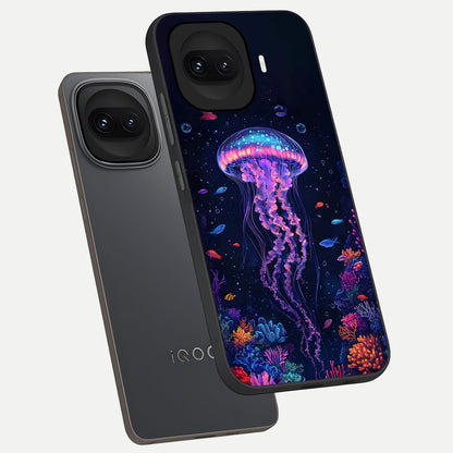  Neon Jellyfish phone case for iQOO 15R showing premium glass back cover with detailed artwork