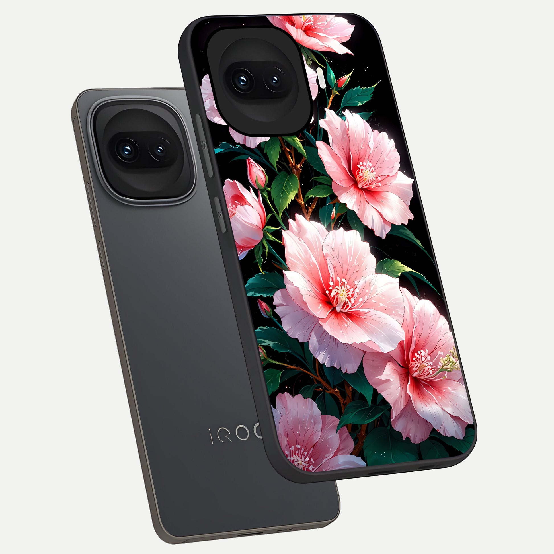  Peach Flower phone case for iQOO 15R showing premium glass back cover with detailed artwork