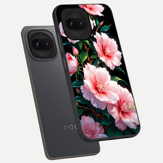  Peach Flower phone case for iQOO 15R showing premium glass back cover with detailed artwork