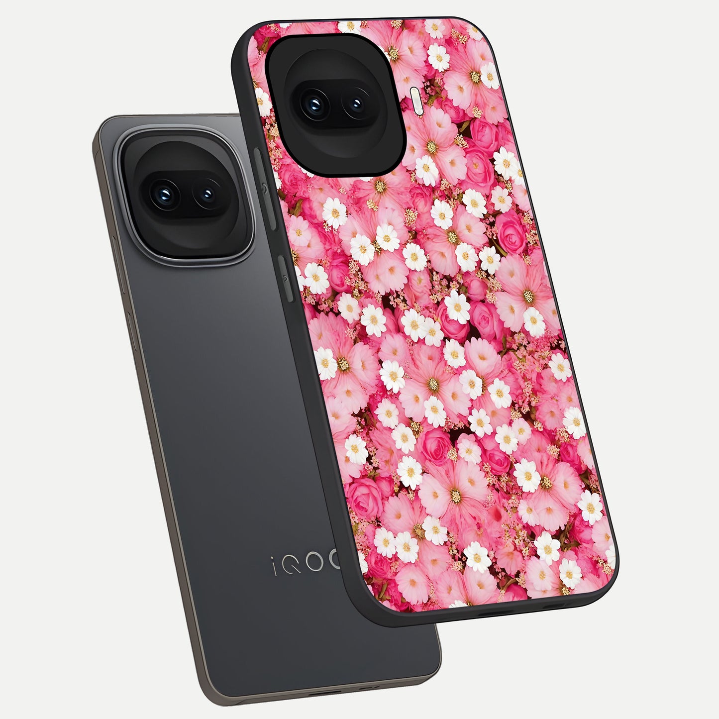  Pink Daisy Bliss phone case for iQOO 15R showing premium glass back cover with detailed artwork