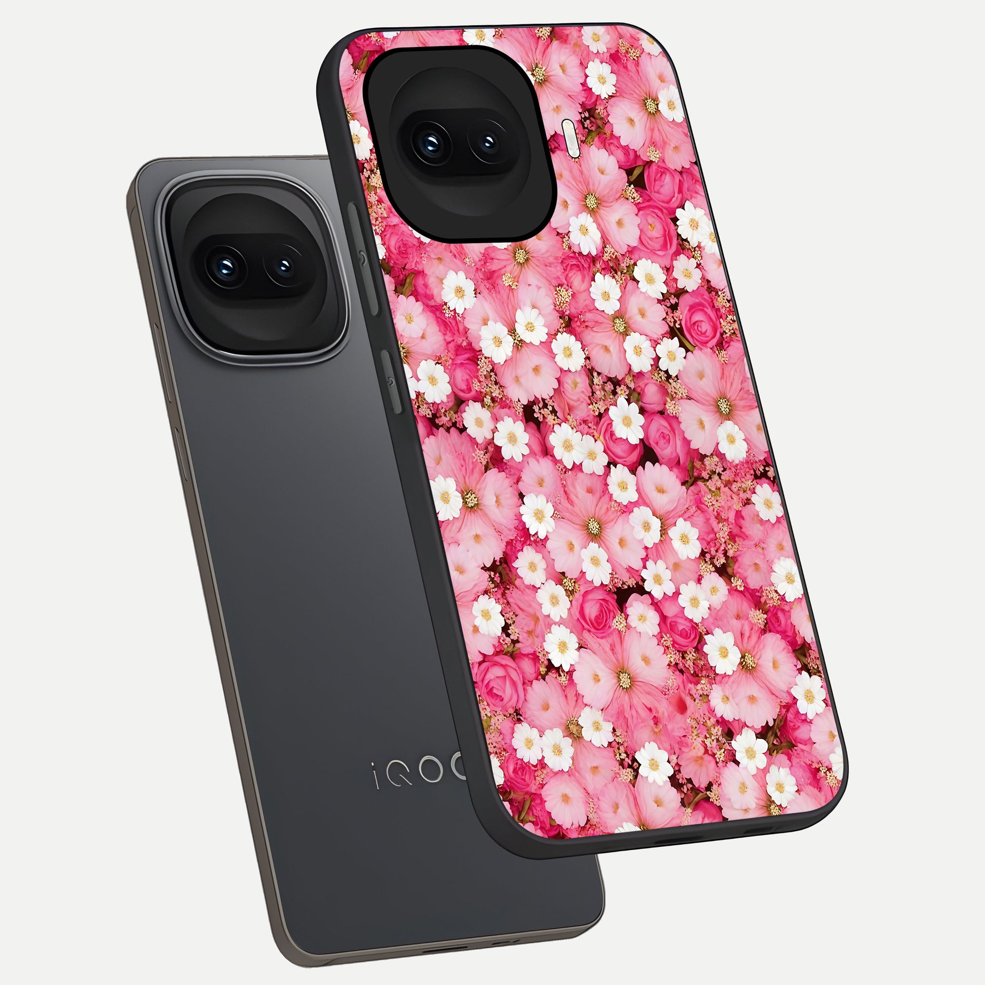  Pink Daisy Bliss phone case for iQOO 15R showing premium glass back cover with detailed artwork