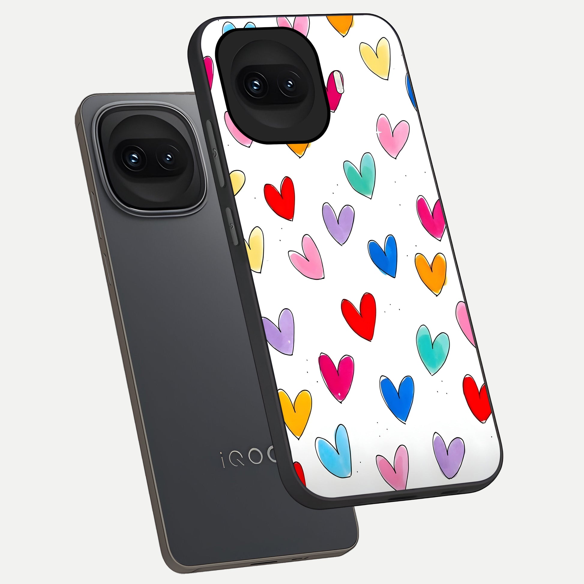  Playful Love Doodles phone case for iQOO 15R showing premium glass back cover with detailed artwork