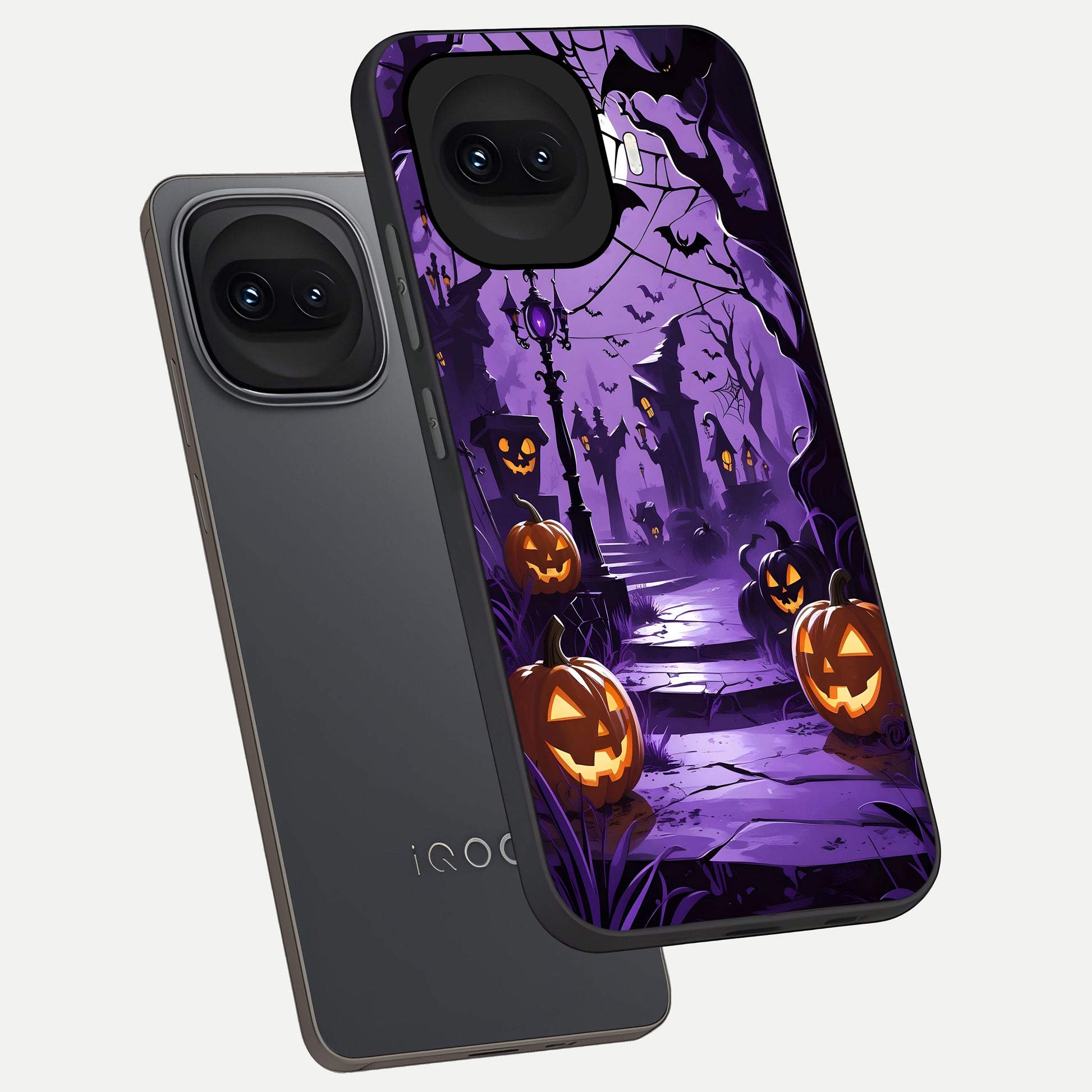  Pumpkin Patch Halloween phone case for iQOO 15R showing premium glass back cover with detailed artwork