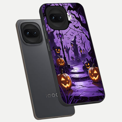  Pumpkin Patch Halloween phone case for iQOO 15R showing premium glass back cover with detailed artwork