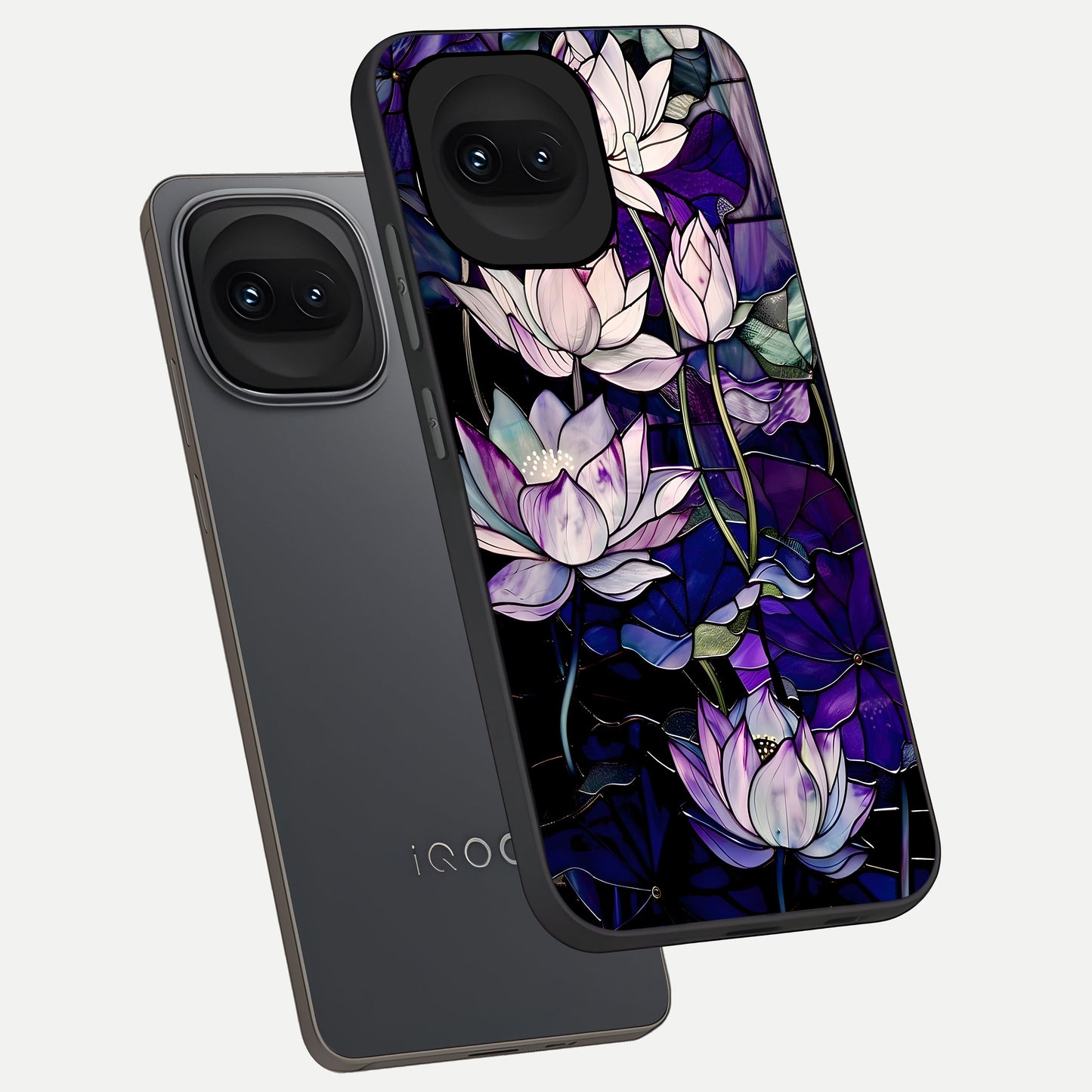  Purple Lotus Pattern phone case for iQOO 15R showing premium glass back cover with detailed artwork