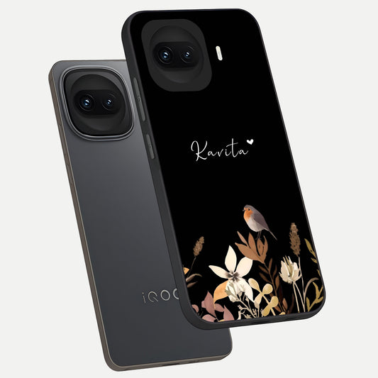  Quiet Garden Tune Custom Name phone case for iQOO 15R showing premium glass back cover with detailed artwork