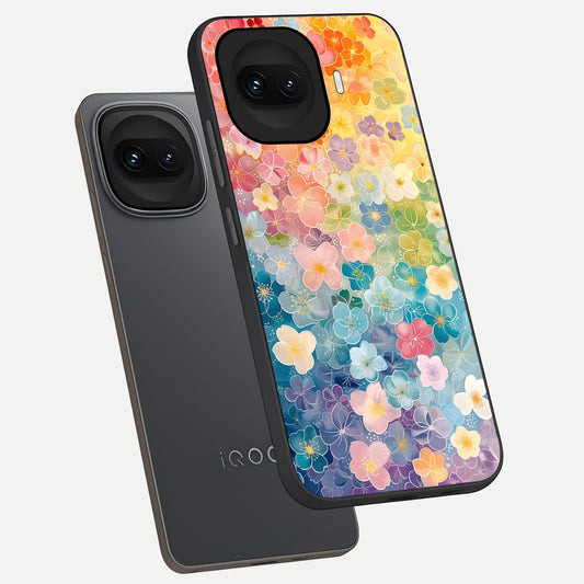  Rainbow Blossom Burst phone case for iQOO 15R showing premium glass back cover with detailed artwork