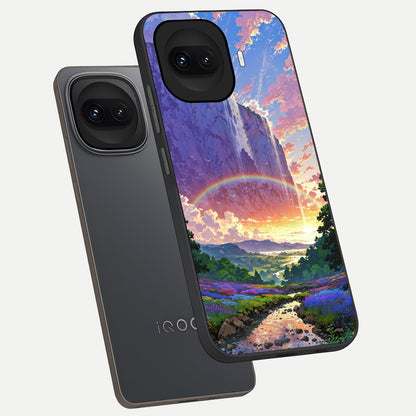  Rainbow Valley Dream phone case for iQOO 15R showing premium glass back cover with detailed artwork