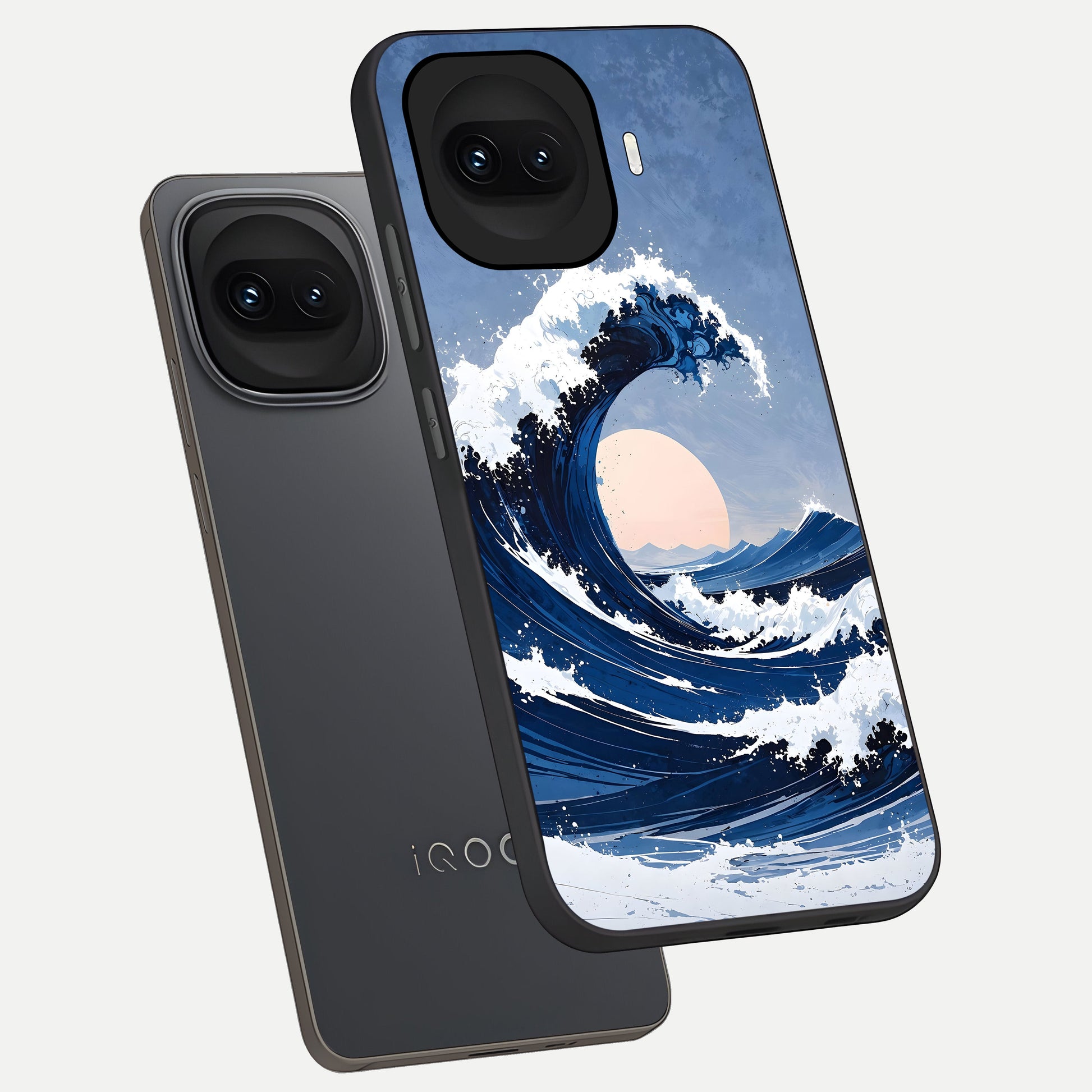  Rising Tide Power phone case for iQOO 15R showing premium glass back cover with detailed artwork