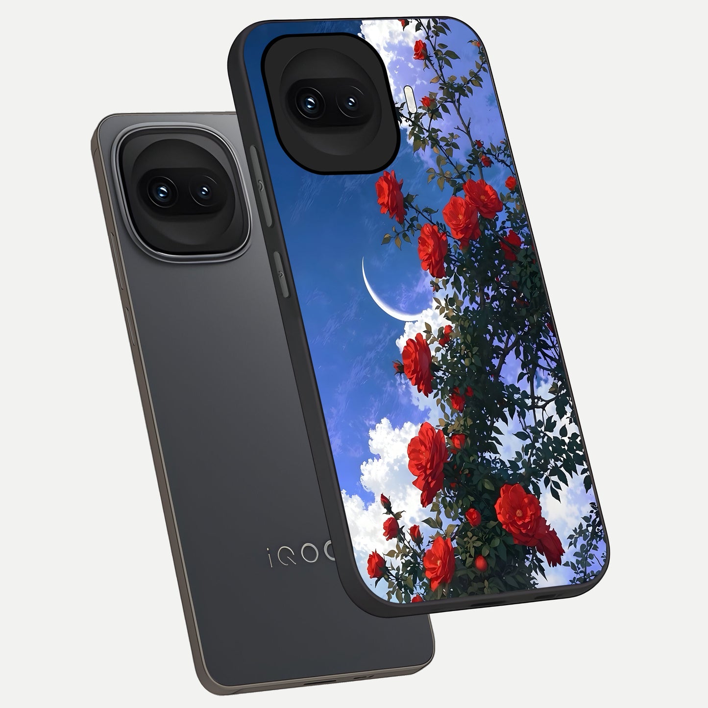  Rose Drift Flowers phone case for iQOO 15R showing premium glass back cover with detailed artwork