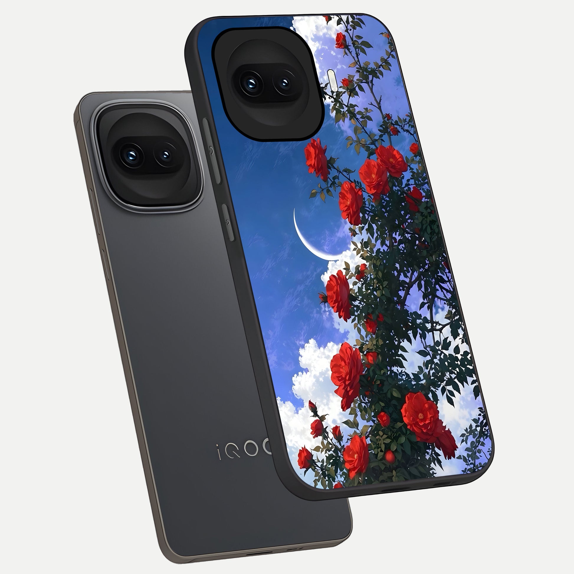  Rose Drift Flowers phone case for iQOO 15R showing premium glass back cover with detailed artwork
