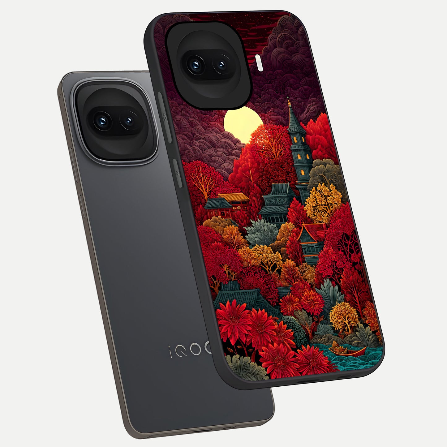  Scarlet Autumn Temple phone case for iQOO 15R showing premium glass back cover with detailed artwork