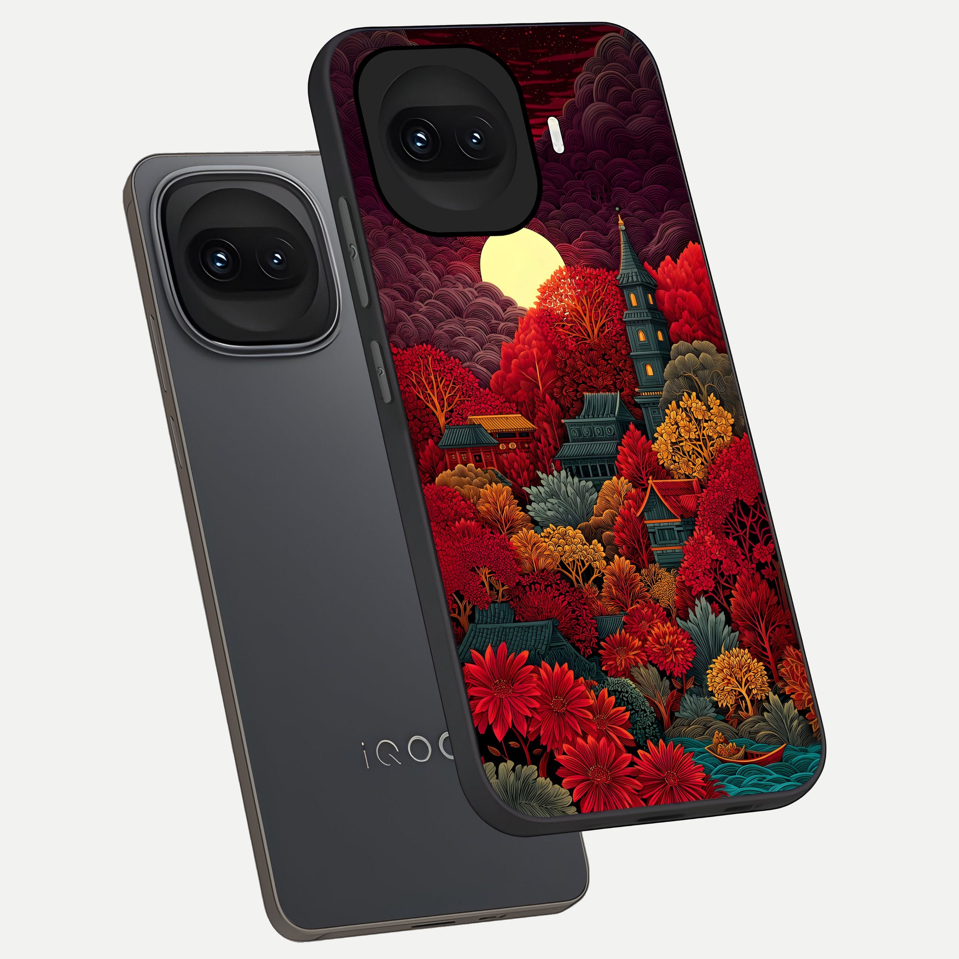  Scarlet Autumn Temple phone case for iQOO 15R showing premium glass back cover with detailed artwork