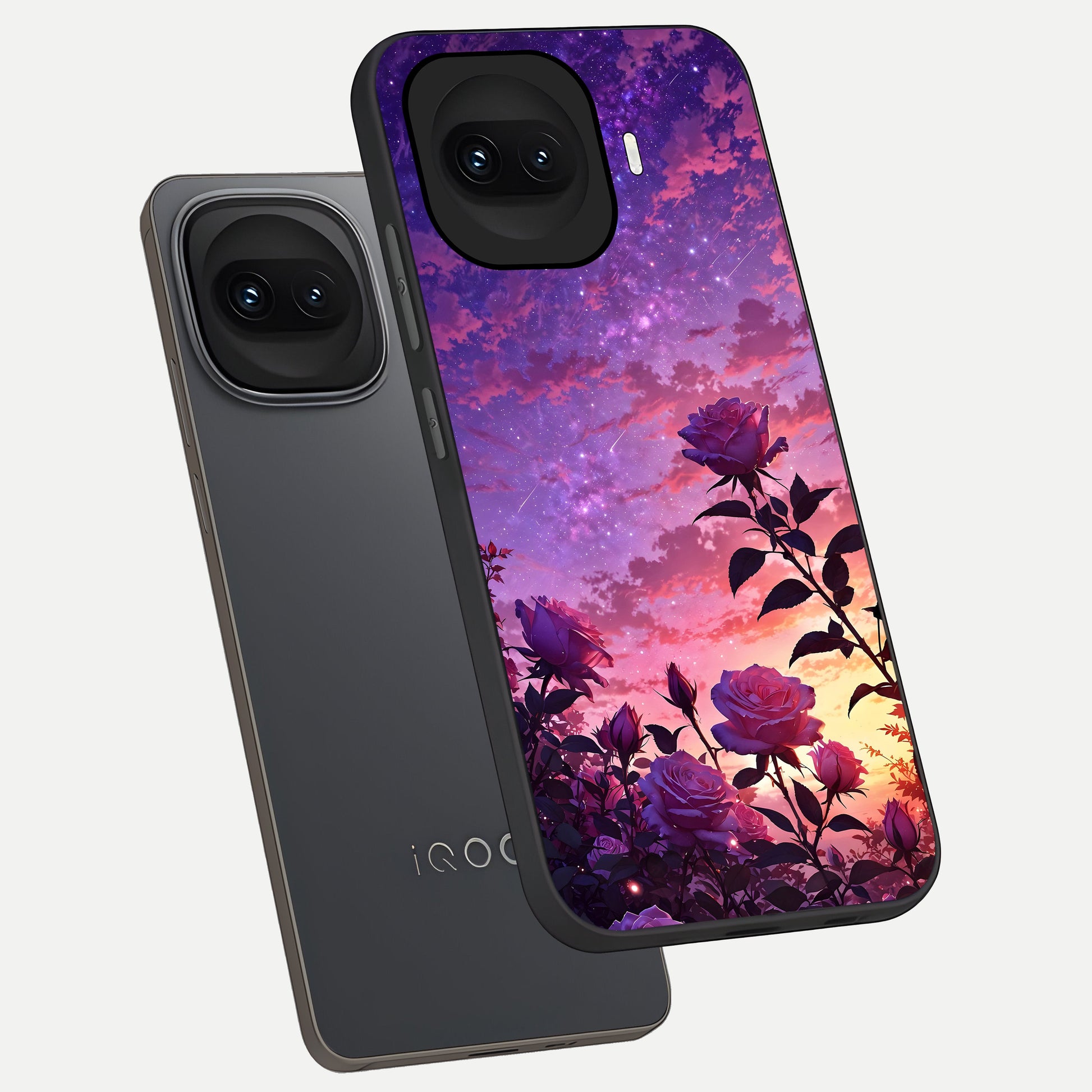 Starlit Rose Twilight phone case for iQOO 15R showing premium glass back cover with detailed artwork