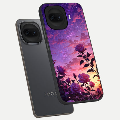  Starlit Rose Twilight phone case for iQOO 15R showing premium glass back cover with detailed artwork