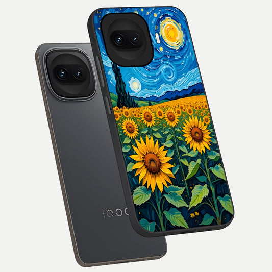  Starry Sunflower Dreams phone case for iQOO 15R showing premium glass back cover with detailed artwork