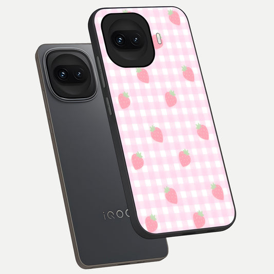  Strawberry Picnic Love phone case for iQOO 15R showing premium glass back cover with detailed artwork