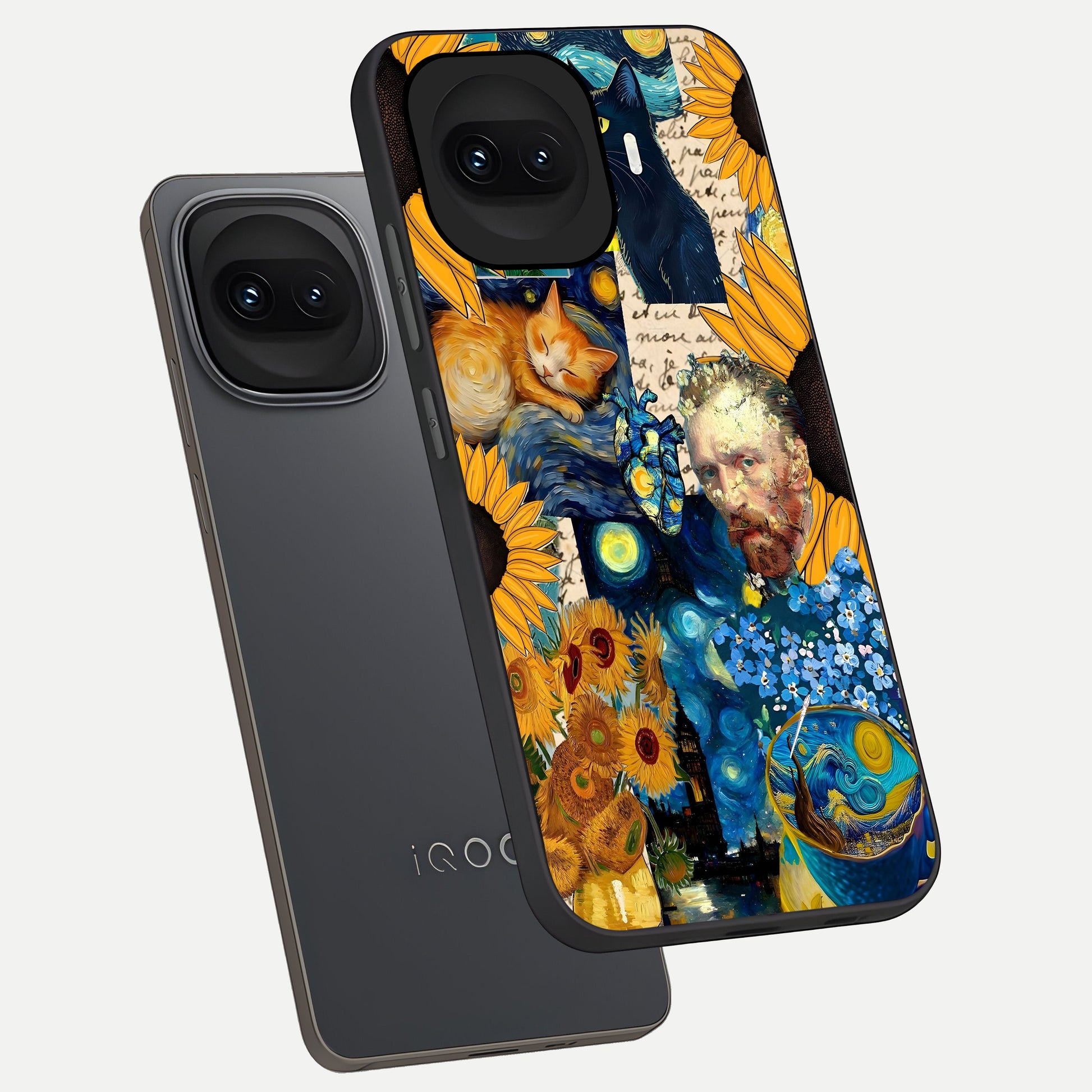  Sunflower Chic Mood Custom Name phone case for iQOO 15R showing premium glass back cover with detailed artwork