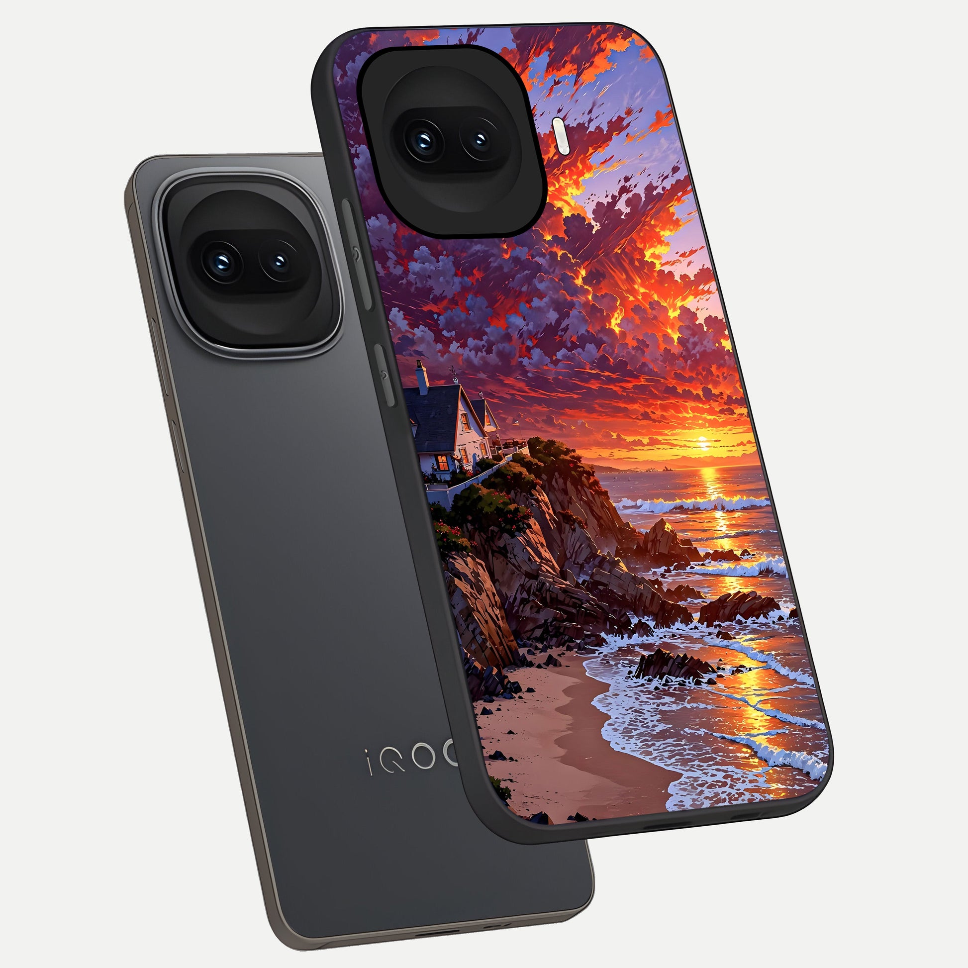  Sunset House By Sea phone case for iQOO 15R showing premium glass back cover with detailed artwork