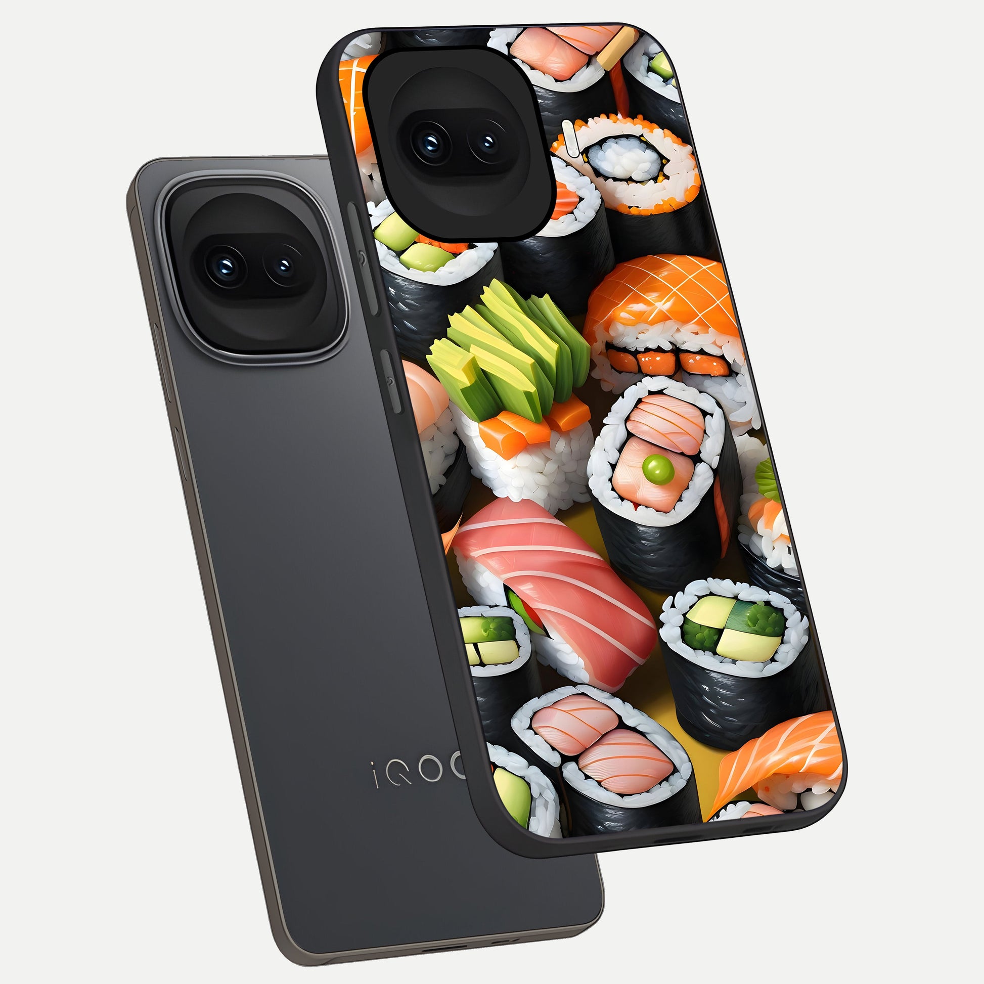  Sushi Food Pattern phone case for iQOO 15R showing premium glass back cover with detailed artwork