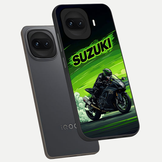  Suzuki Speed Beast phone case for iQOO 15R showing premium glass back cover with detailed artwork