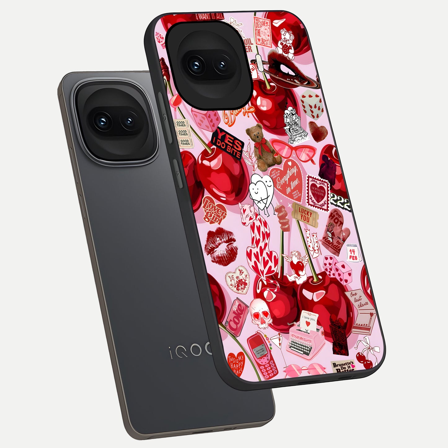  Sweet Cherry Chaos phone case for iQOO 15R showing premium glass back cover with detailed artwork