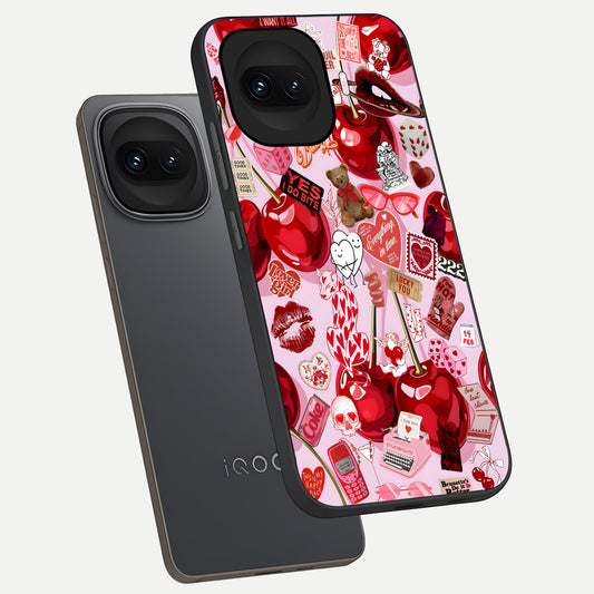  Sweet Cherry Chaos phone case for iQOO 15R showing premium glass back cover with detailed artwork