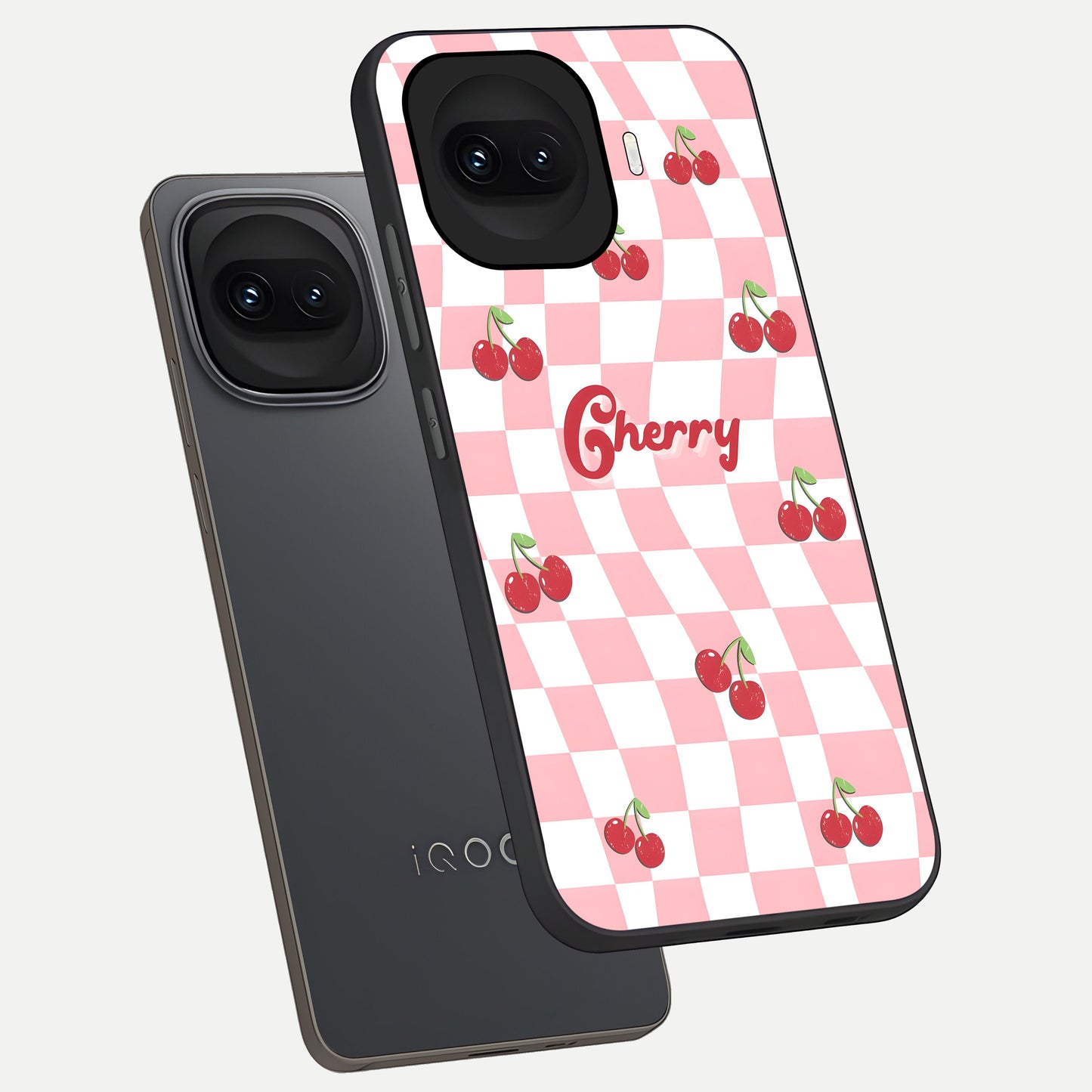  Sweet Cherry Vibes phone case for iQOO 15R showing premium glass back cover with detailed artwork