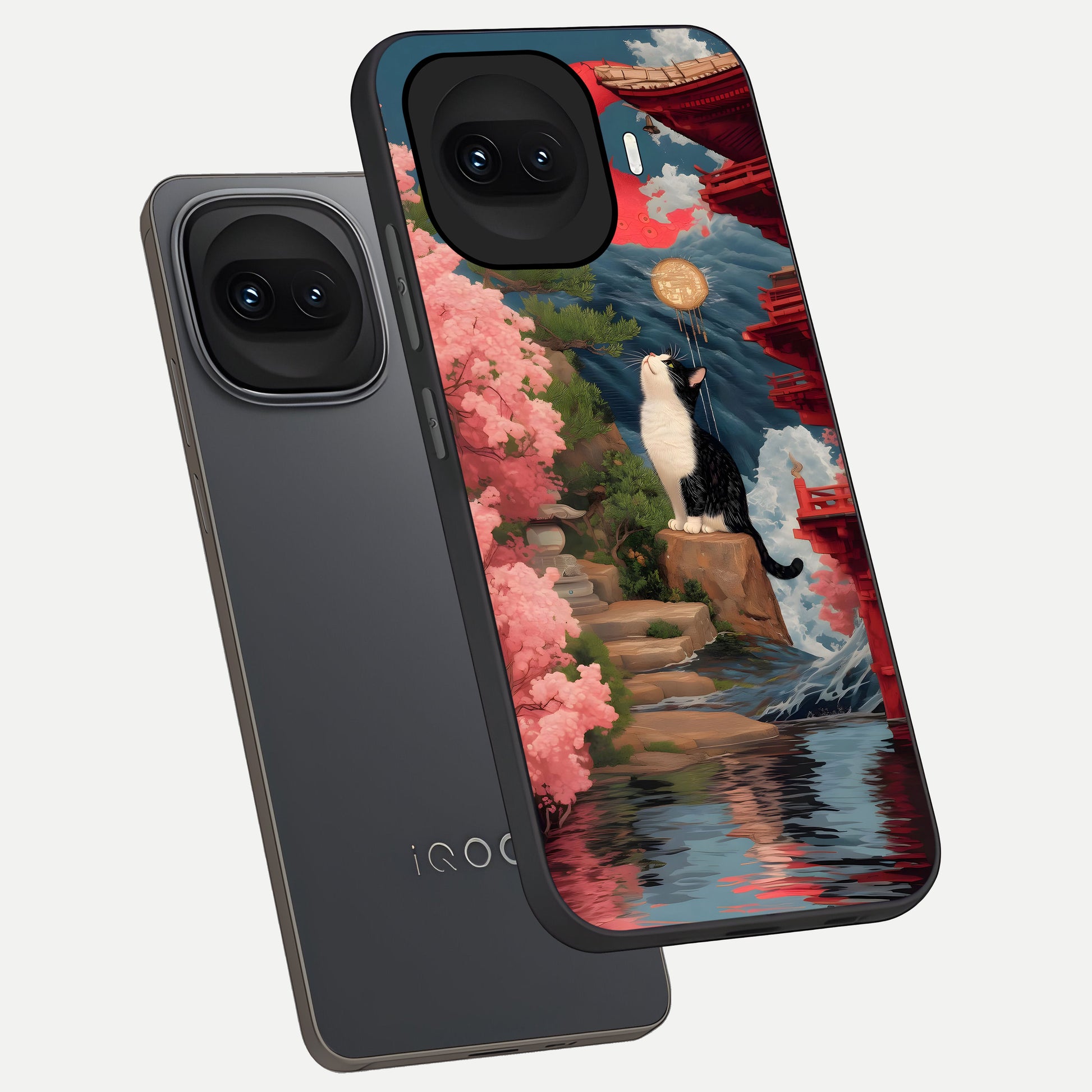  Temple Cat Scenery phone case for iQOO 15R showing premium glass back cover with detailed artwork