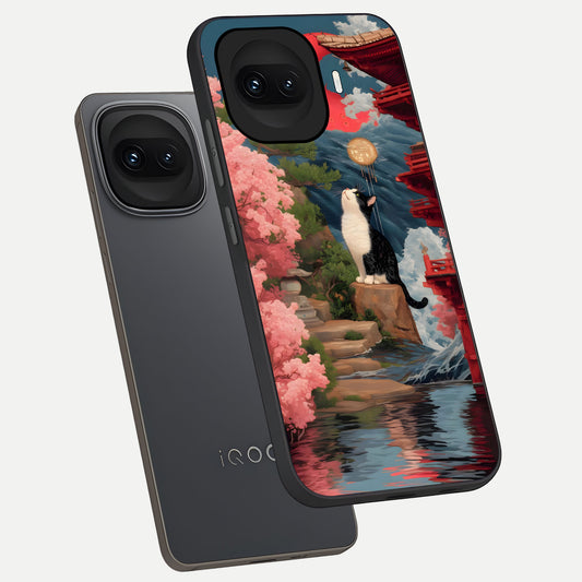  Temple Cat Scenery phone case for iQOO 15R showing premium glass back cover with detailed artwork