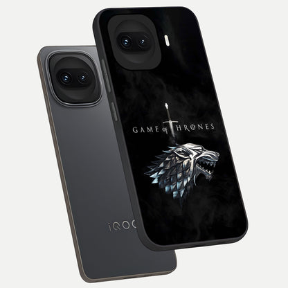 Throne Wolf Legacy phone case for iQOO 15R showing premium glass back cover with detailed artwork