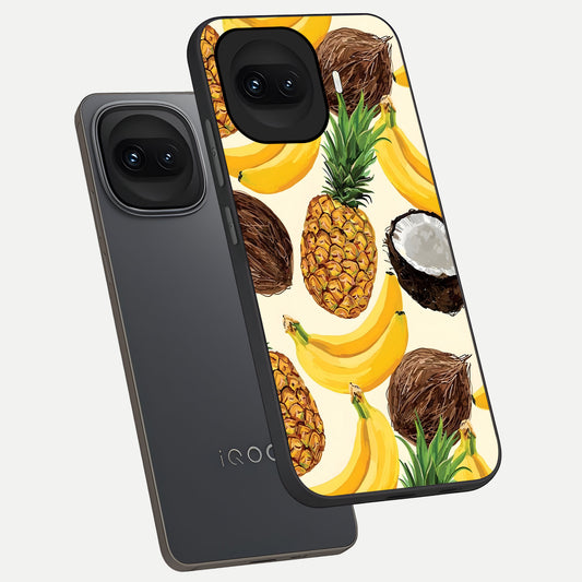  Tropical Fruit Mood phone case for iQOO 15R showing premium glass back cover with detailed artwork