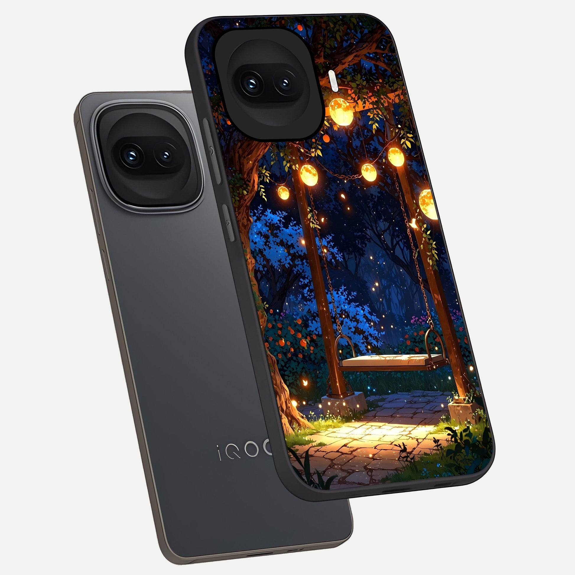  Twilight Garden Swing phone case for iQOO 15R showing premium glass back cover with detailed artwork