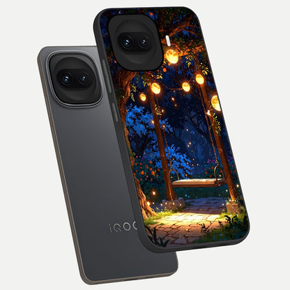  Twilight Garden Swing phone case for iQOO 15R showing premium glass back cover with detailed artwork