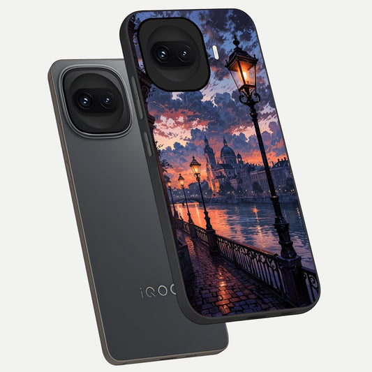  Twilight River Lights phone case for iQOO 15R showing premium glass back cover with detailed artwork
