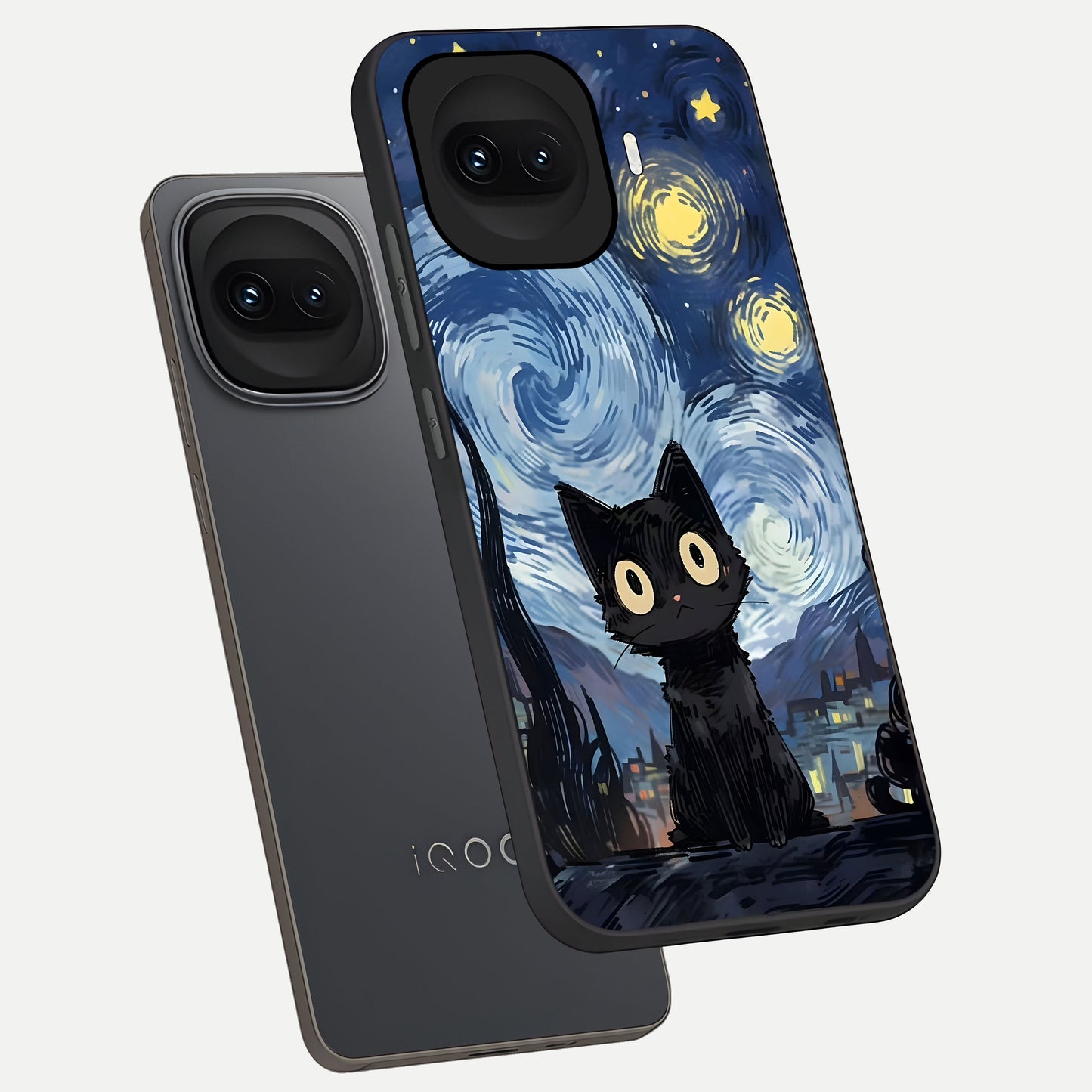  Van Gogh Cat phone case for iQOO 15R showing premium glass back cover with detailed artwork